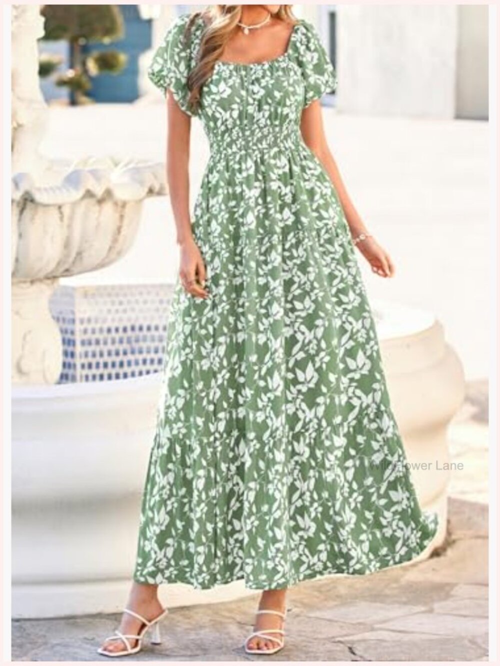 Puff Sleeve Maxi Dress Square Neck Smocked Tiered A-Line Flowy Pockets - Picture 6 of 7